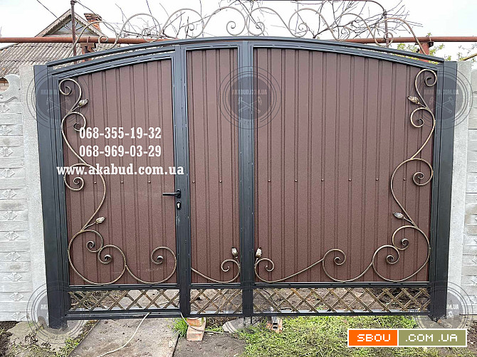 Распашные ворота из профлиста с бетонным забором Кропивницкий - изображение 1